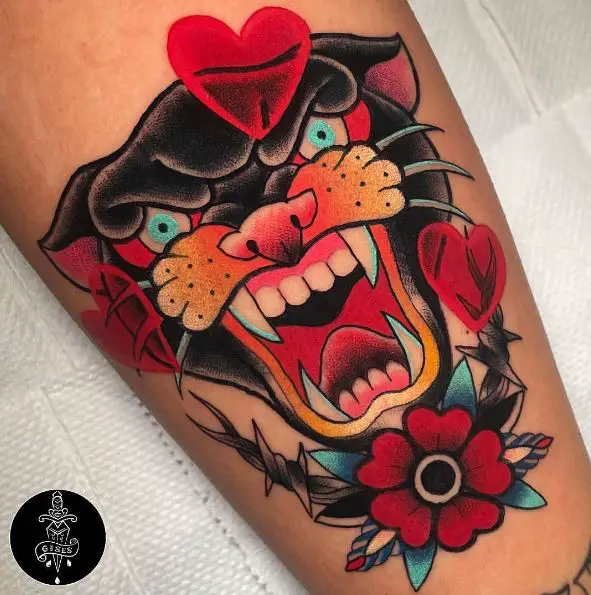 Colorful Traditional Panther Tattoo with Hearts and Flowers