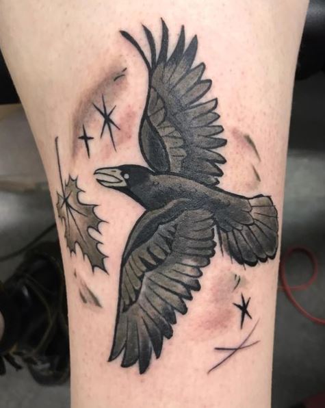 Crow and Maple Leaf Knee Tattoo
