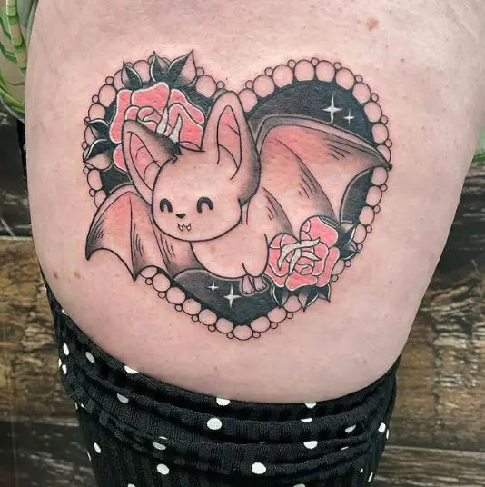 Heart with Flowers and Bat Tattoo