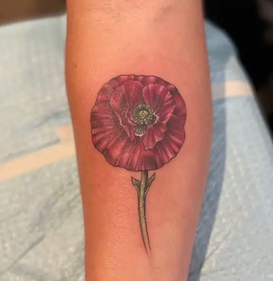 Dark Red Single Poppy Flower Wrist Tattoo