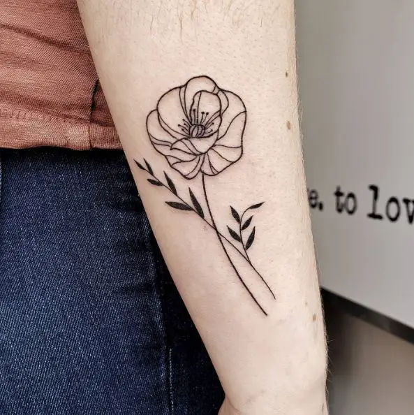 Delicate linework poppy flower tattoo piece