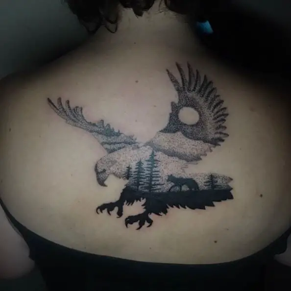 Flying Eagle Tattoo With Night Sky, Forest, and Wolf 
