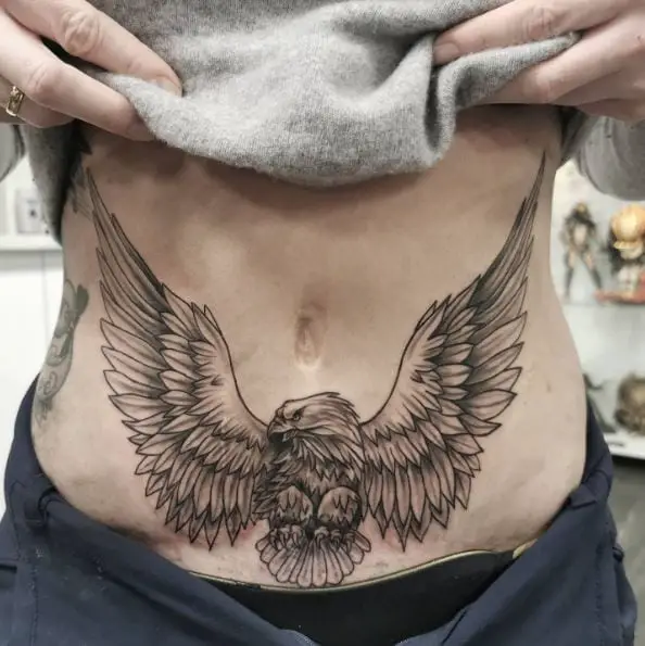 Eagle Scar Covering Tummy Tattoo
