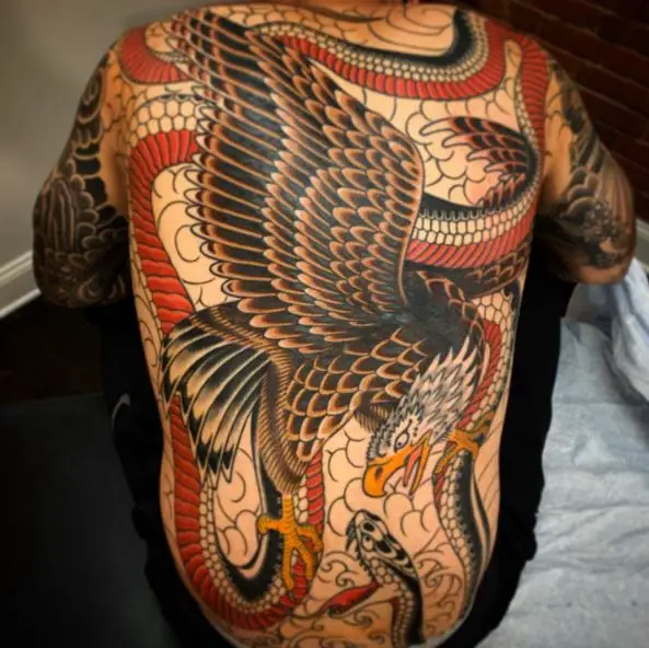 Eagle Snake Fight Full Back Tattoo Piece