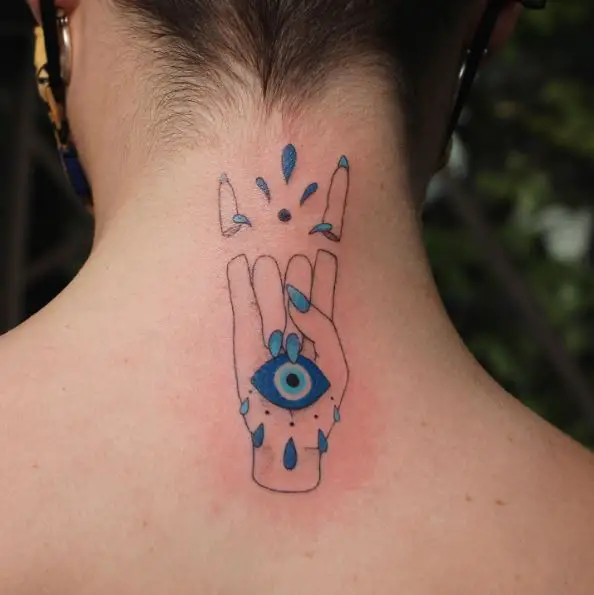 Evil Eye and U Gesture Neck Tattoo with Water Drops