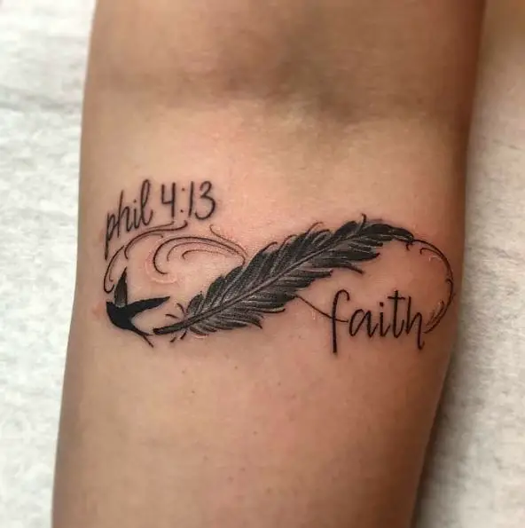 Faith Infinity Tattoo with Feather and Bible Verse