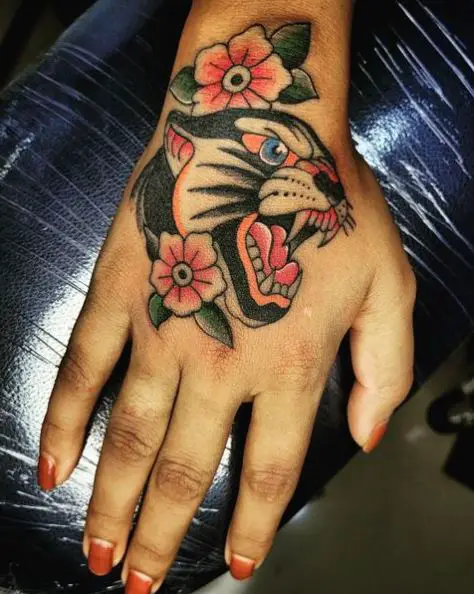 Floral Panther Hand Tattoo Piece