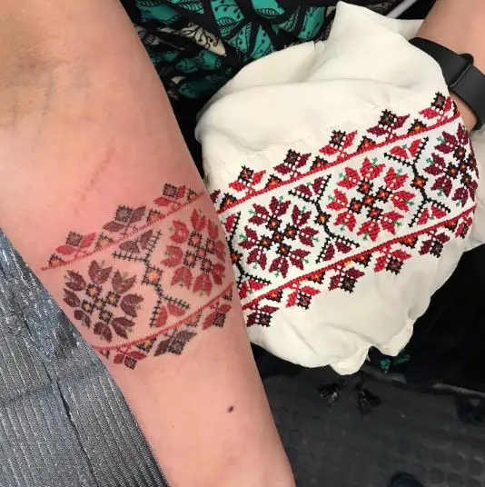 Floral Pattern Cross Stitch Forearm Tattoo