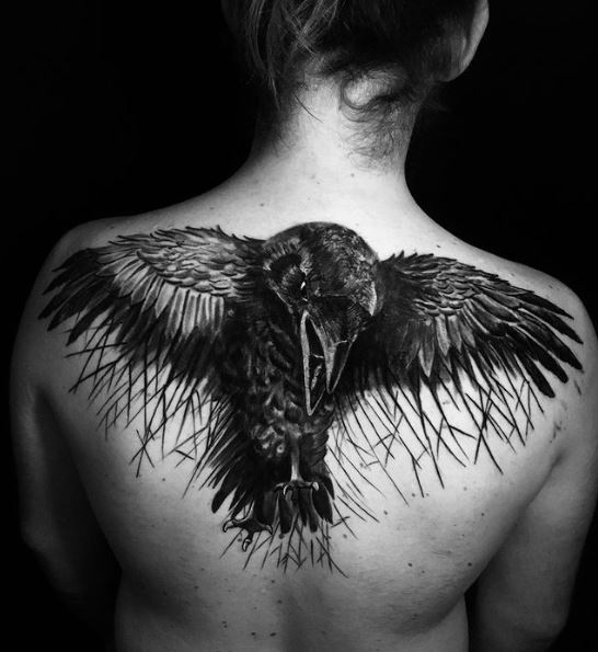 Flying Raven Tattoo on the Back