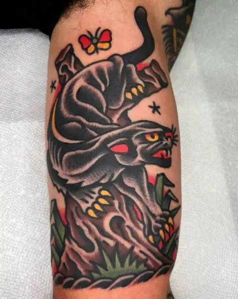Forest Theme Traditional Panther Tattoo