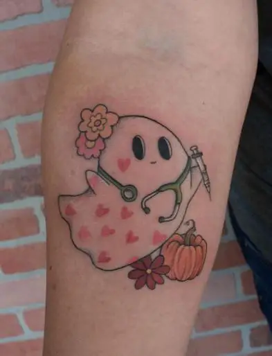 Ghost Nurse with Flowers and Pumpkin Tattoo