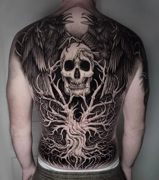 Gothic Theme Ravens and Skull Back Tattoo