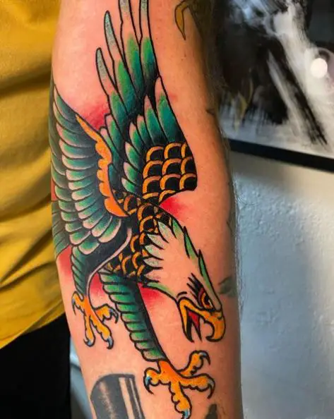 Green and Yellow Eagle Hand Tattoo