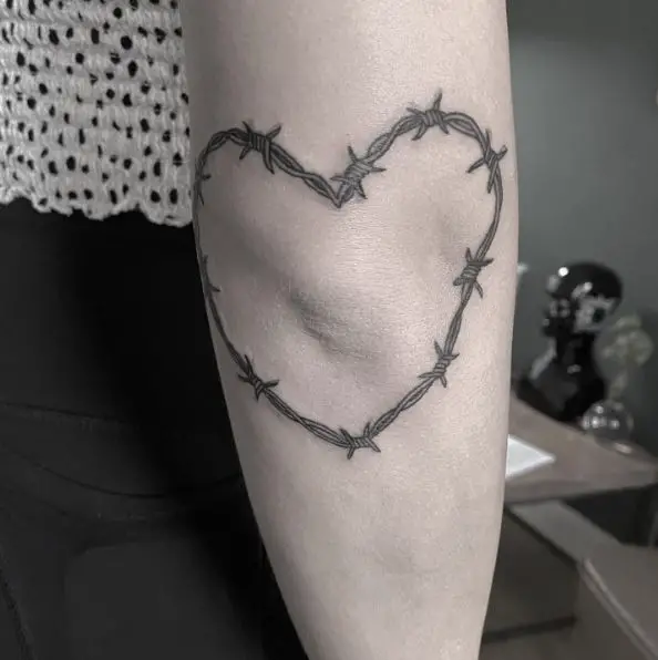 Grey Wired Heart Elbow Tattoo
