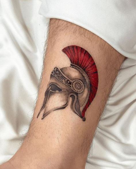 Grey Spartan Helmet with Red Plume Arm Tattoo