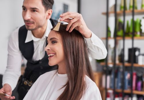 Hairdresser Helps a Woman Pick a Hair Color