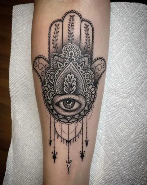 Hamsa Evil Eye with Hanging Ornament Tattoo