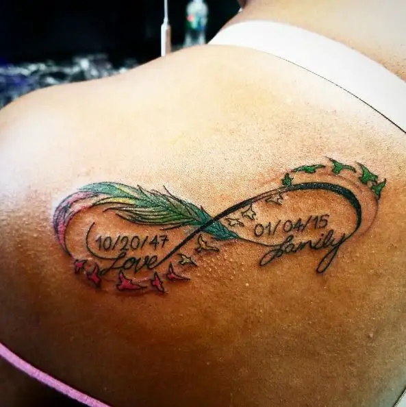 Infinity Tattoo with Colorful Feather and Dates