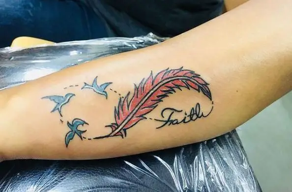 Infinity Tattoo with Pink Feather and Blue Flying Birds