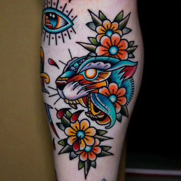 Multicolored Flowers and Panther Head Tattoo