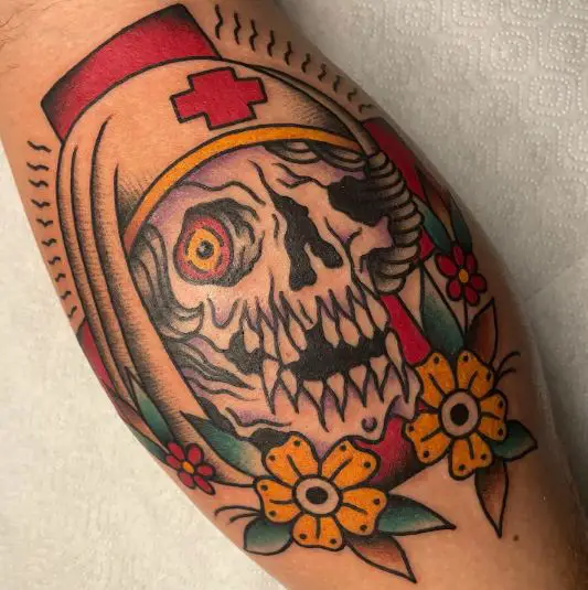 Nurse Skull with Yellow Flowers Tattoo