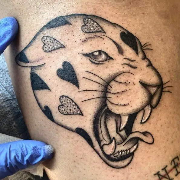 Panther with Black Solid and Dotted Heart Tattoo