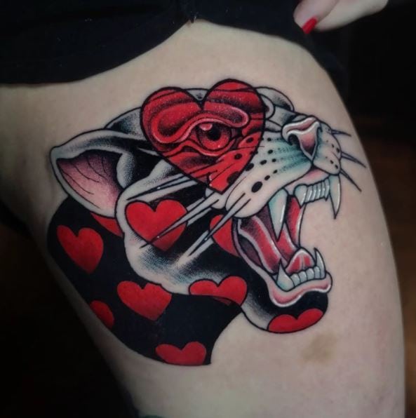 Panther with Red Hearts Tattoo