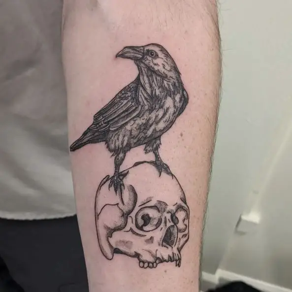 Pencil Sketched Raven and Skull Tattoo