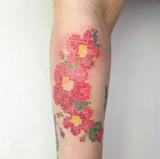 Pink Cross Stitch Flowers Tattoo