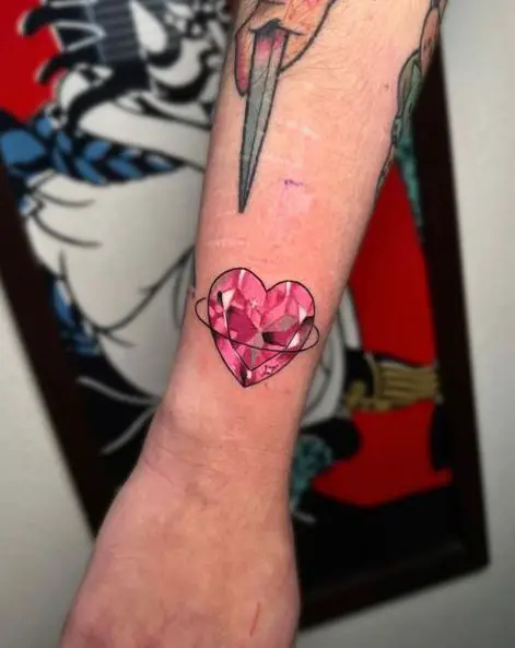 Pink Heart Shaped Diamond Tattoo