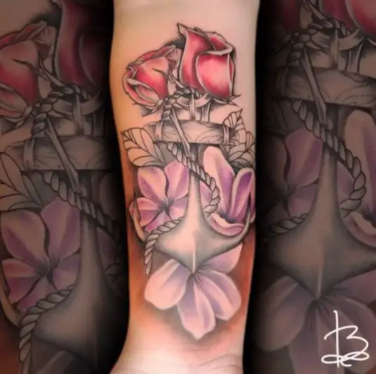 Anchor Tattoo with Pink Rose and Purple Flowers
