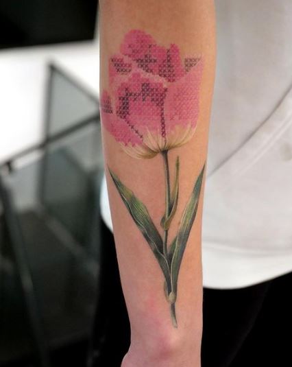Pink Single Flower Cross Stitch Tattoo