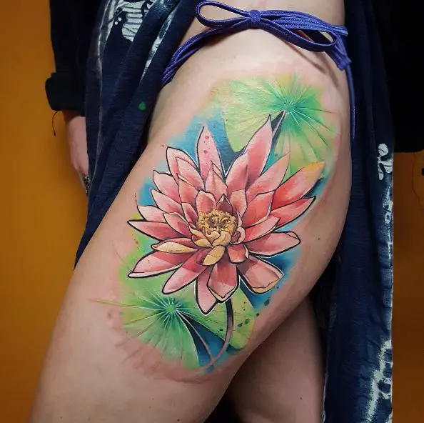 Pink Water Lily and Leaves Thigh Tattoo