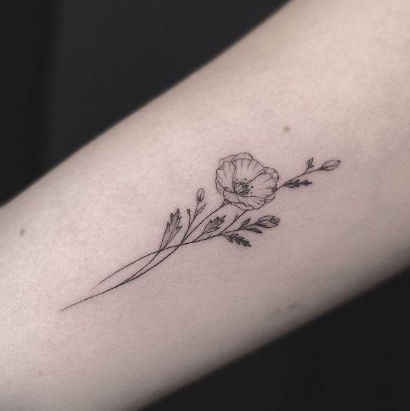 Poppy Flower with Leaves Forearm Tattoo