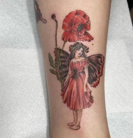 Poppy flower fairy tattoo