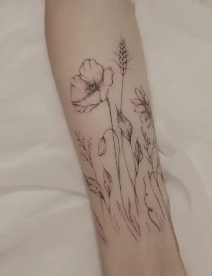 Poppy with Leaves Forearm Tattoo