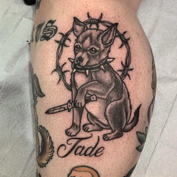 Puppy with Knife Around the Barbed Wire Tattoo
