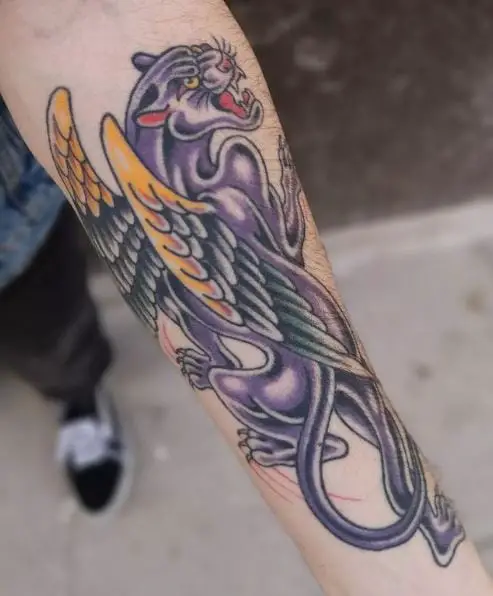Purple Traditional Panther Forearm Tattoo