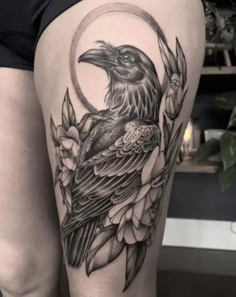 Raven Resting On Flowers Tattoo Art