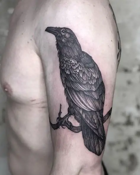 Raven Standing on a Branch Arm Tattoo