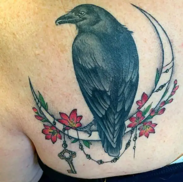 Raven and Floral Deco Back Tattoo