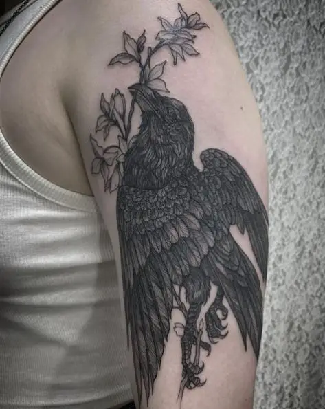 Raven and Forsythia Flower Tattoo
