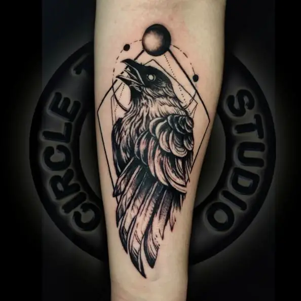 Raven and Geometric Space Forearm Tattoo