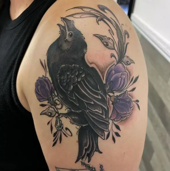 Raven and Purple Flowers Tattoo