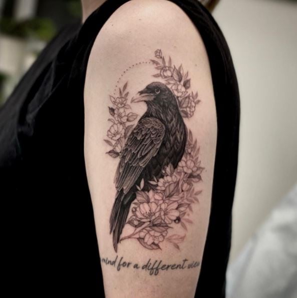 Raven with Bunch of Flowers Tattoo