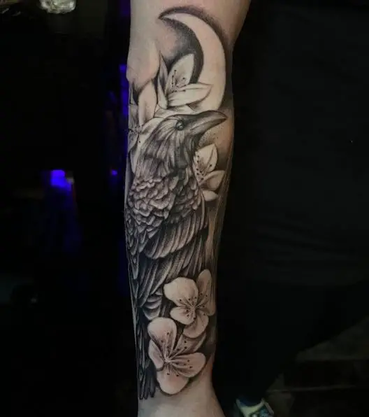 Raven with Flowers and Moon Tattoo