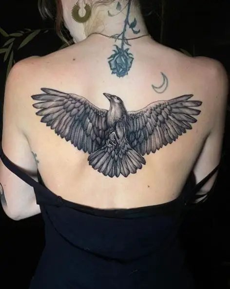 Raven with Open Wings Back Tattoo