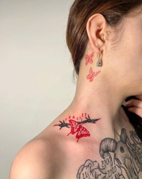 Red Butterfly and Black Barbed Wire Neck Tattoo