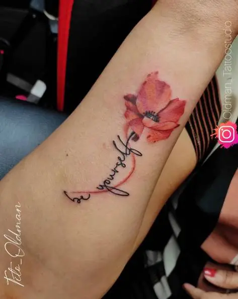 Red Poppy Flower Tattoo with Word