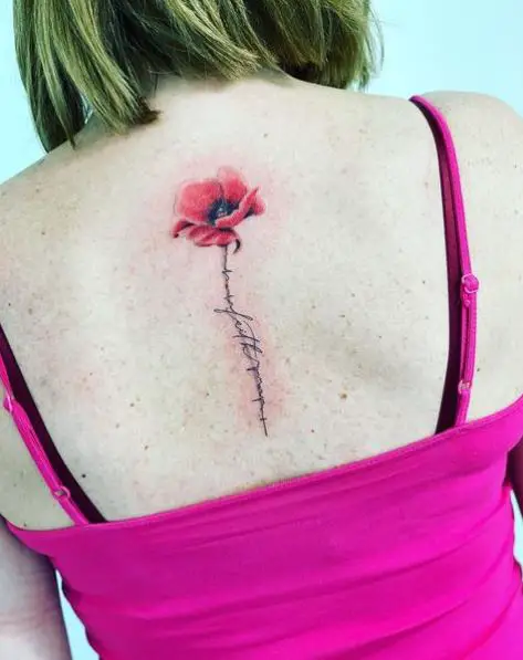 Red Poppy with Signature Stem Back Tattoo